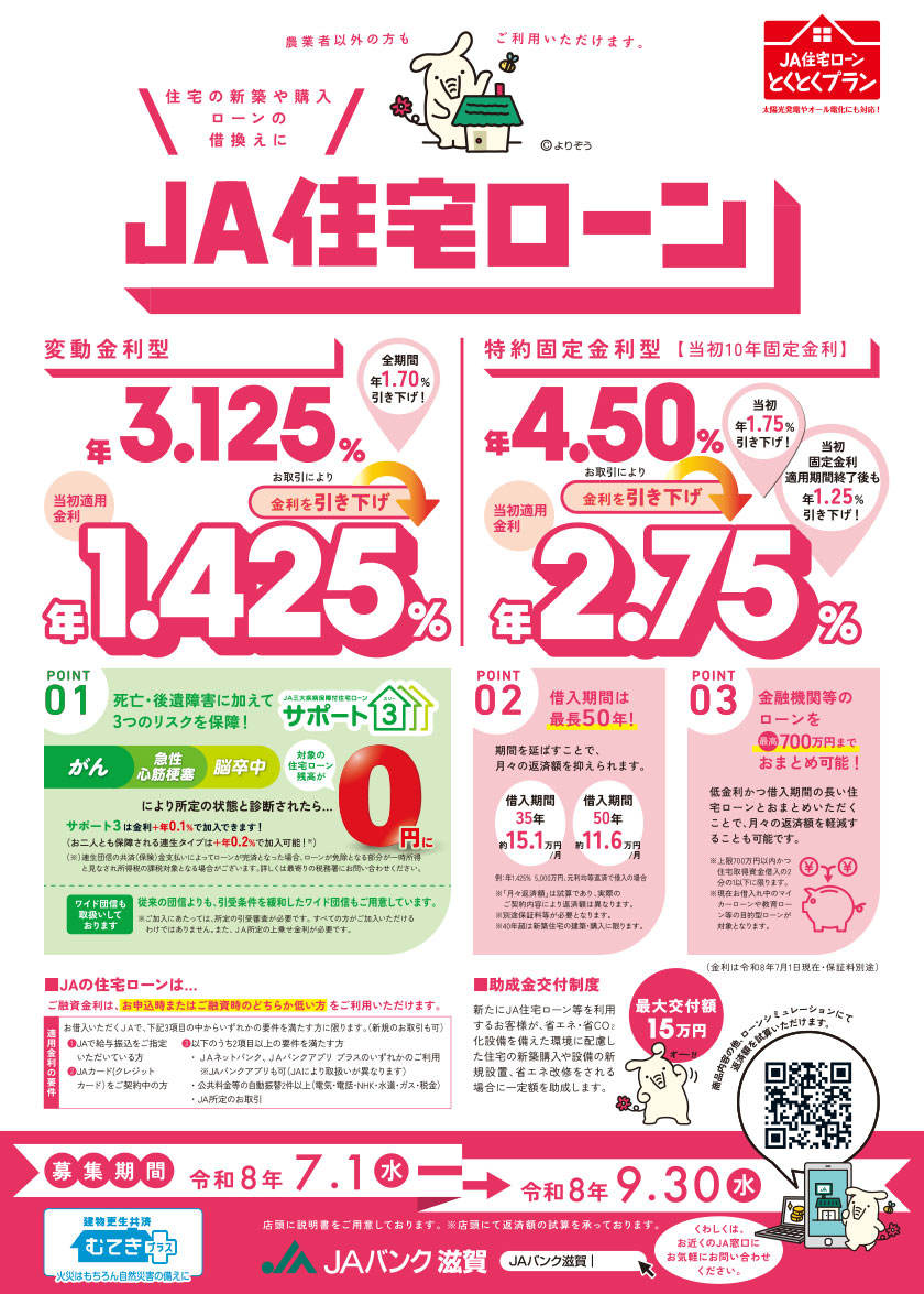 JA住宅ローン：とくとくプラン - お金をかりる｜JAバンク滋賀