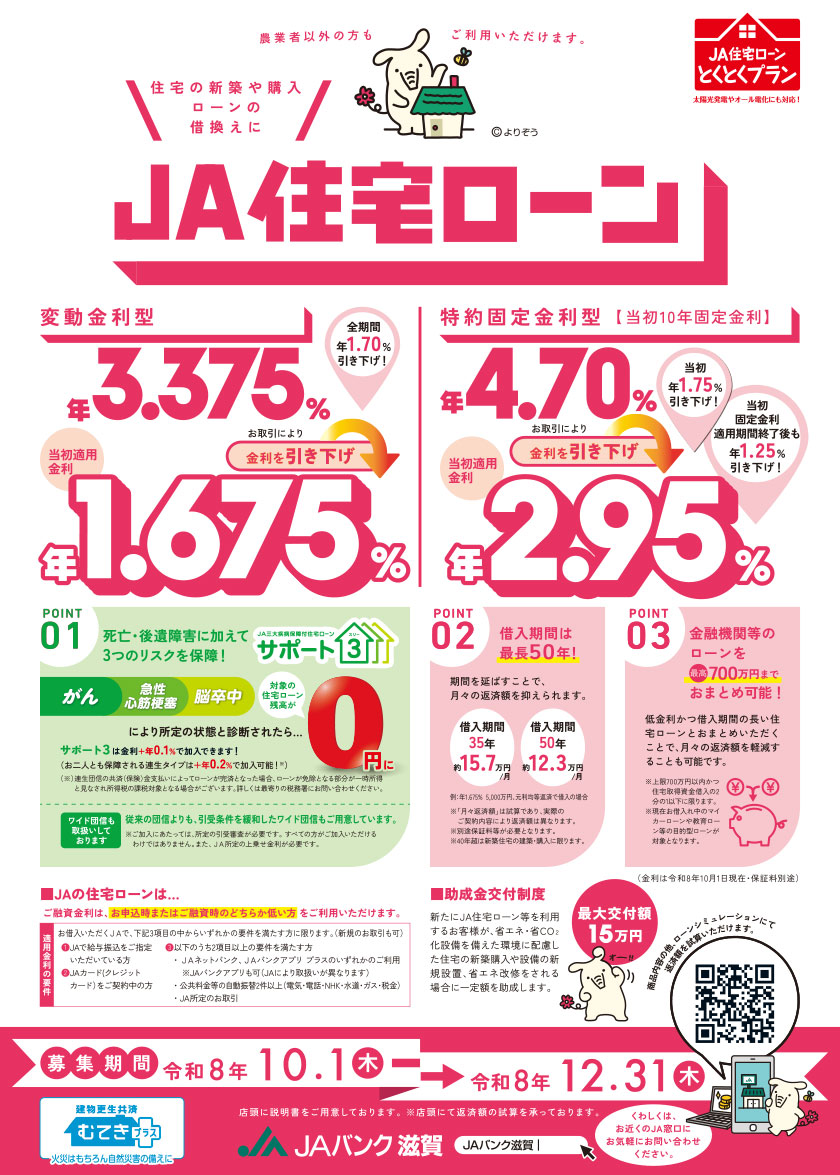 JA住宅ローン：とくとくプラン - お金をかりる｜JAバンク滋賀